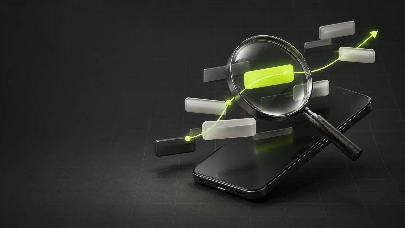 Magnifying lens examining app keyword signals around a mobile phone