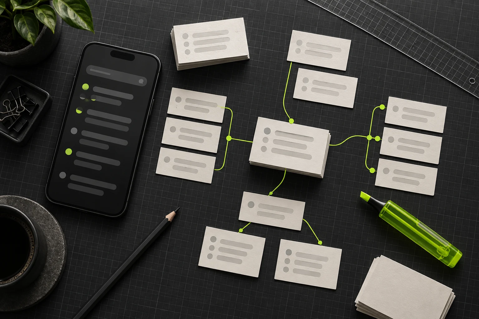 Top-down keyword research workspace with connected research cards